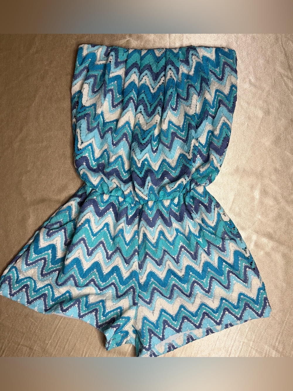 Ariella Strapless Chevron Crochet Romper Size L Boho Resort Blue Teal
